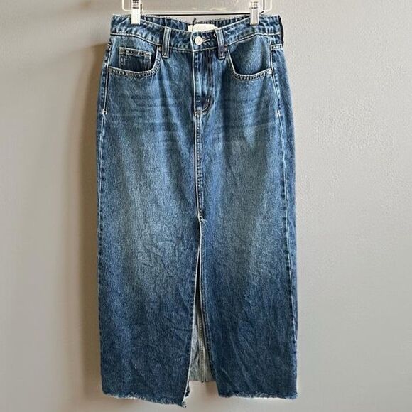 Hidden Small Peyton High Rise Denim Midi Skirt, Front Slit - Picture 6 of 11